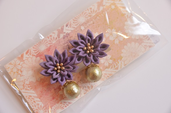 【Comet】コットンパールと恋花イヤリング　紫　tek-0003