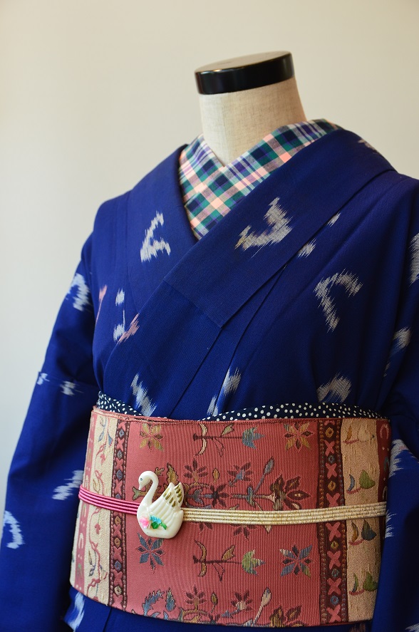 「く」の字模様の青ウール単衣きもの【身丈149.5cm】