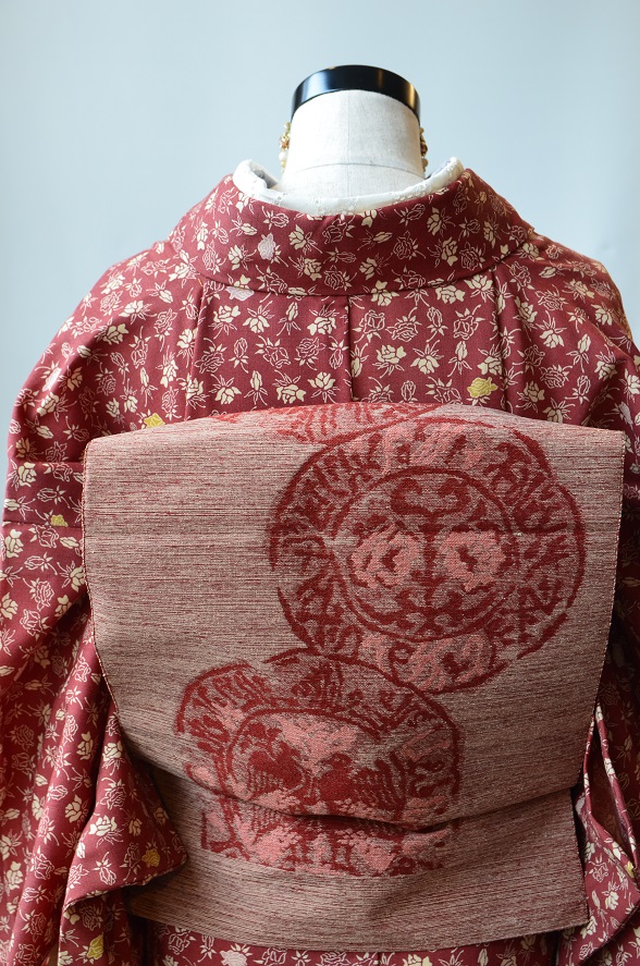 円縁に鳥柄紬名古屋帯【全長341cm】