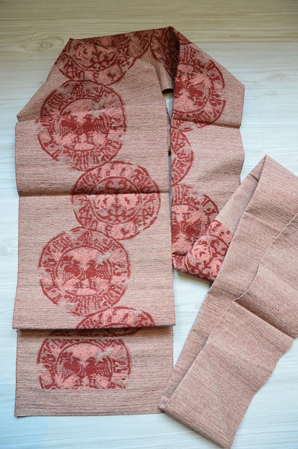 円縁に鳥柄紬名古屋帯【全長341cm】