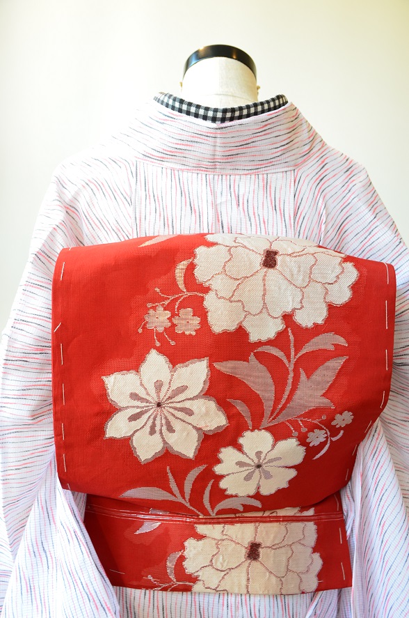 唐草花柄の紗名古屋帯【全長334cm】