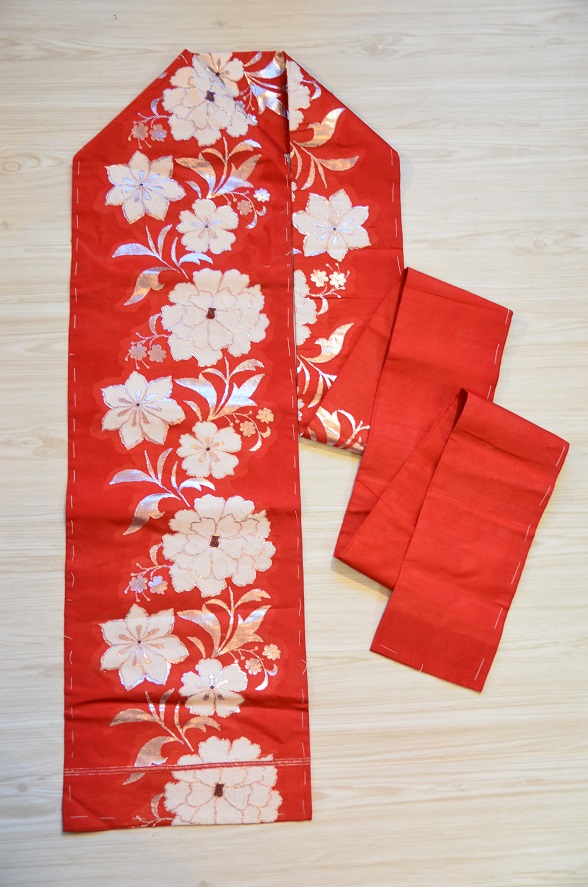 唐草花柄の紗名古屋帯【全長334cm】