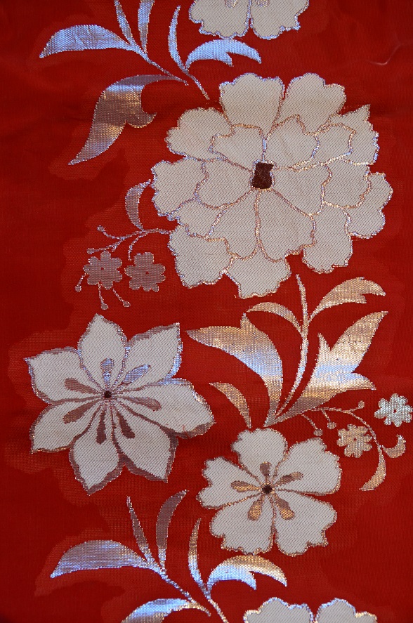 唐草花柄の紗名古屋帯【全長334cm】