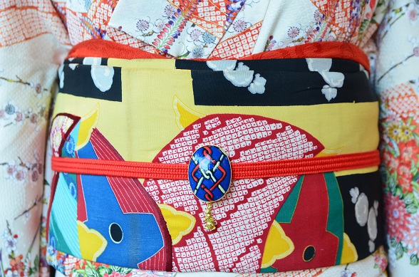 カラフル糸巻きのアンティーク名古屋帯【全長335cm】