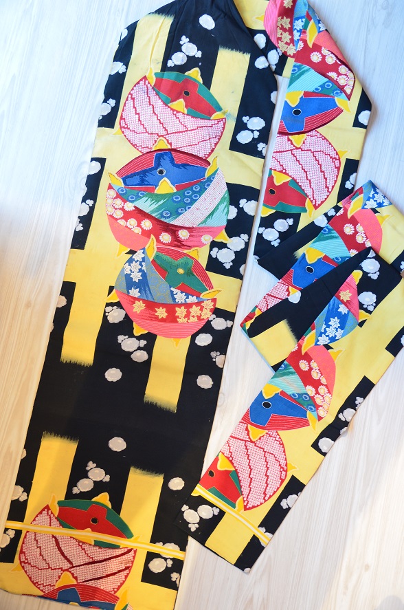 カラフル糸巻きのアンティーク名古屋帯【全長335cm】