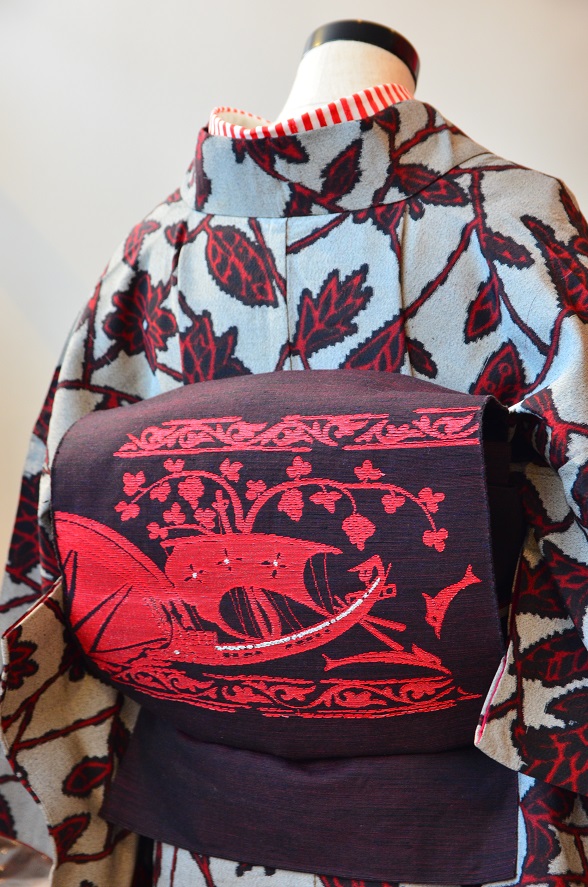 船とイルカ柄のカジュアル名古屋帯【全長352cm】 