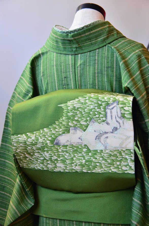 抹茶色の塩瀬名古屋帯【全長352cm】 