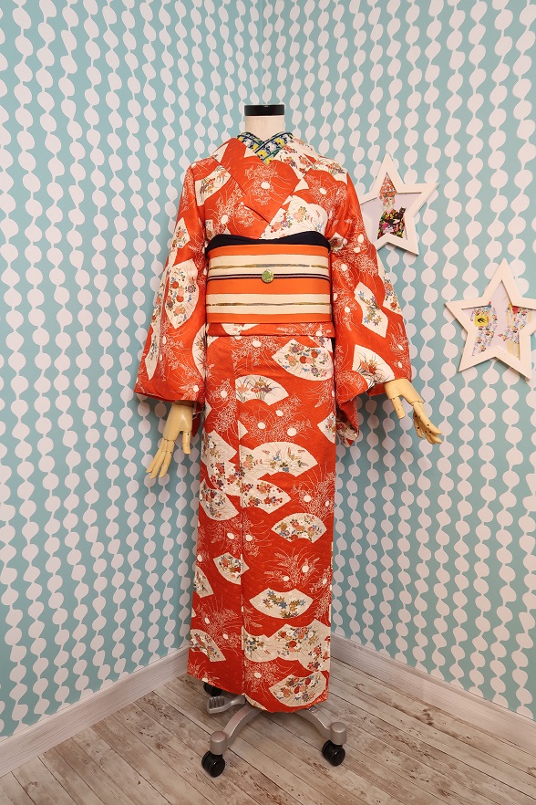 オレンジのしっとり絞り古典柄袷きもの【身丈157cm】
