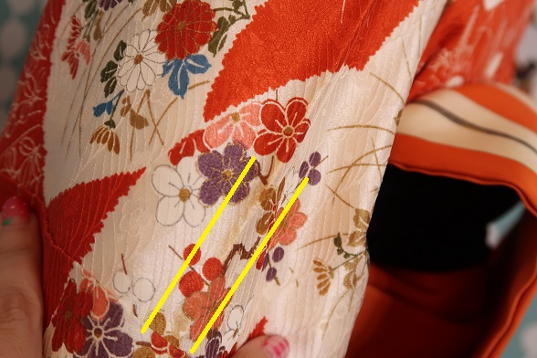 オレンジのしっとり絞り古典柄袷きもの【身丈157cm】