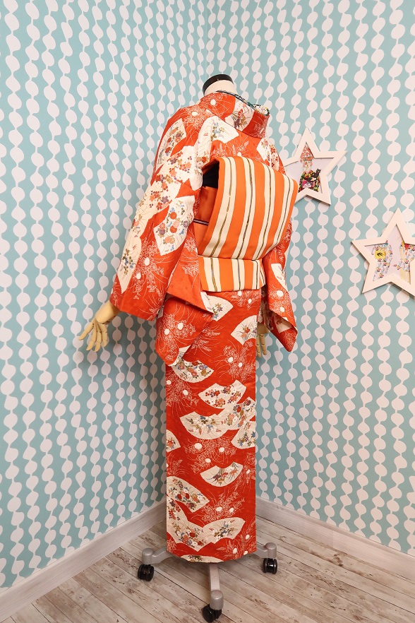 オレンジのしっとり絞り古典柄袷きもの【身丈157cm】