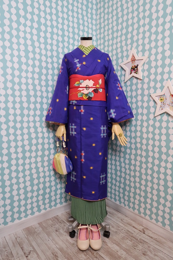 青紫のキラキラ絣柄銘仙袷きもの【身丈140cm】