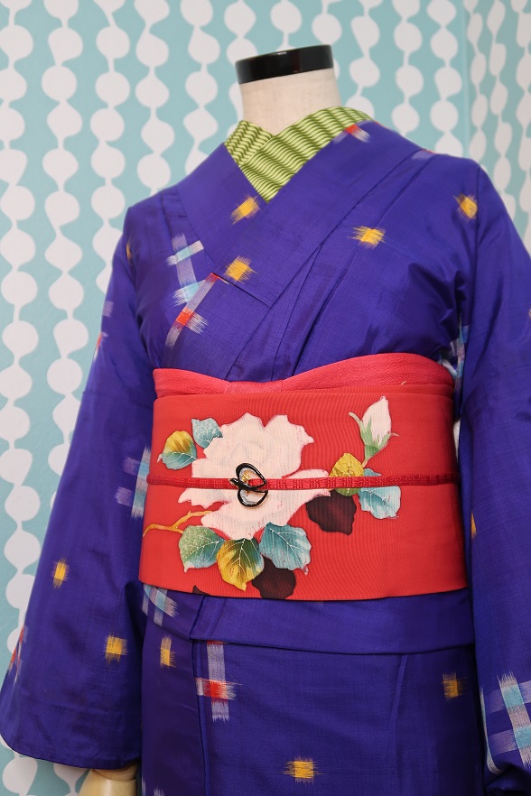 青紫のキラキラ絣柄銘仙袷きもの【身丈140cm】