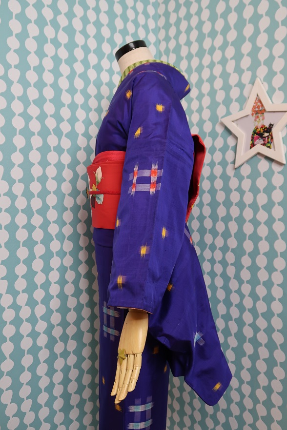 青紫のキラキラ絣柄銘仙袷きもの【身丈140cm】