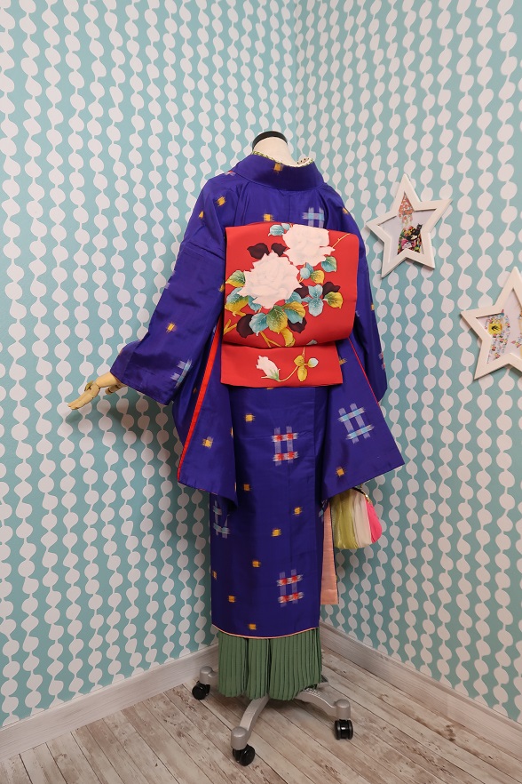 青紫のキラキラ絣柄銘仙袷きもの【身丈140cm】