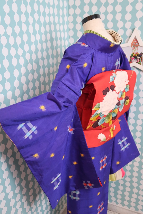 青紫のキラキラ絣柄銘仙袷きもの【身丈140cm】