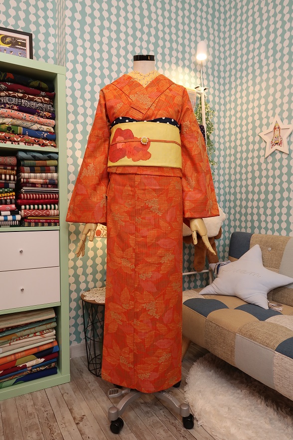 金木犀柄のシルクウール袷きもの【身丈153.5×裄丈69】