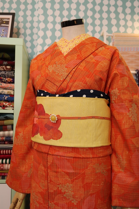 金木犀柄のシルクウール袷きもの【身丈153.5×裄丈69】