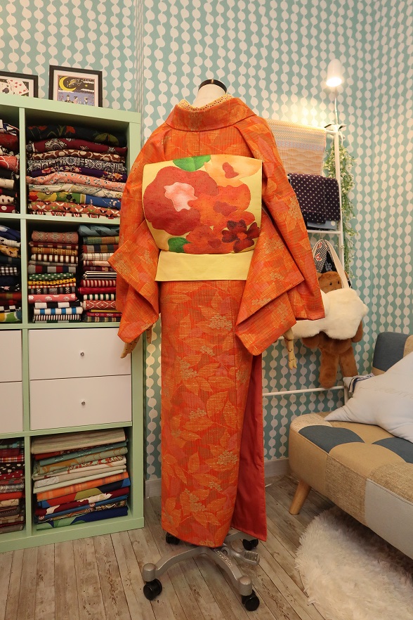 金木犀柄のシルクウール袷きもの【身丈153.5×裄丈69】