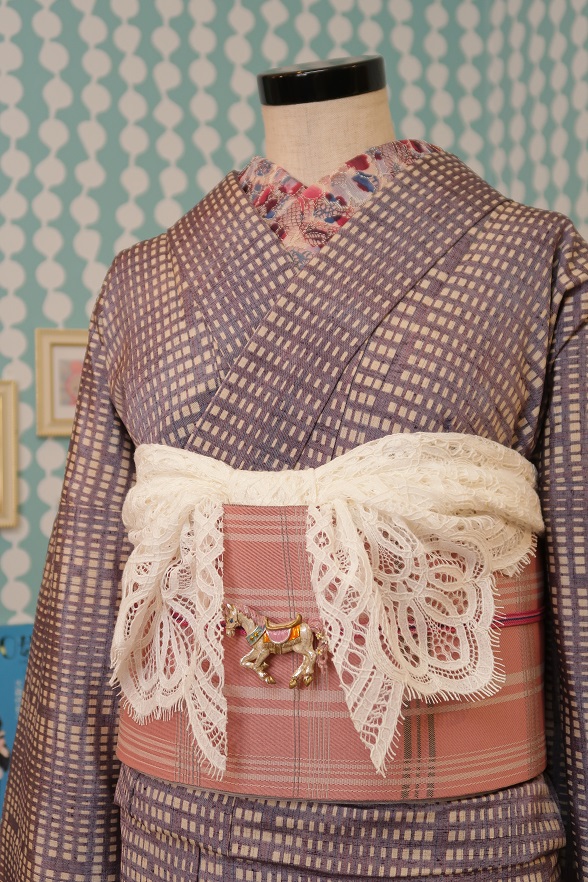 キューブドットのラベンダー胴抜き単衣きもの【身丈156cm】★作家物