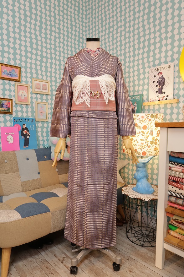 キューブドットのラベンダー胴抜き単衣きもの【身丈156cm】★作家物