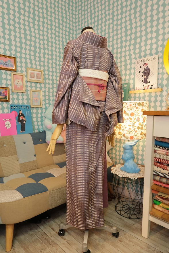 キューブドットのラベンダー胴抜き単衣きもの【身丈156cm】★作家物
