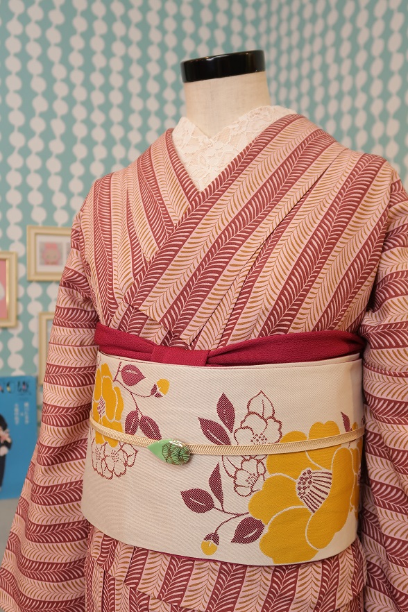 ストライプの藤ライン柄ポリ単衣きもの【身丈156cm】