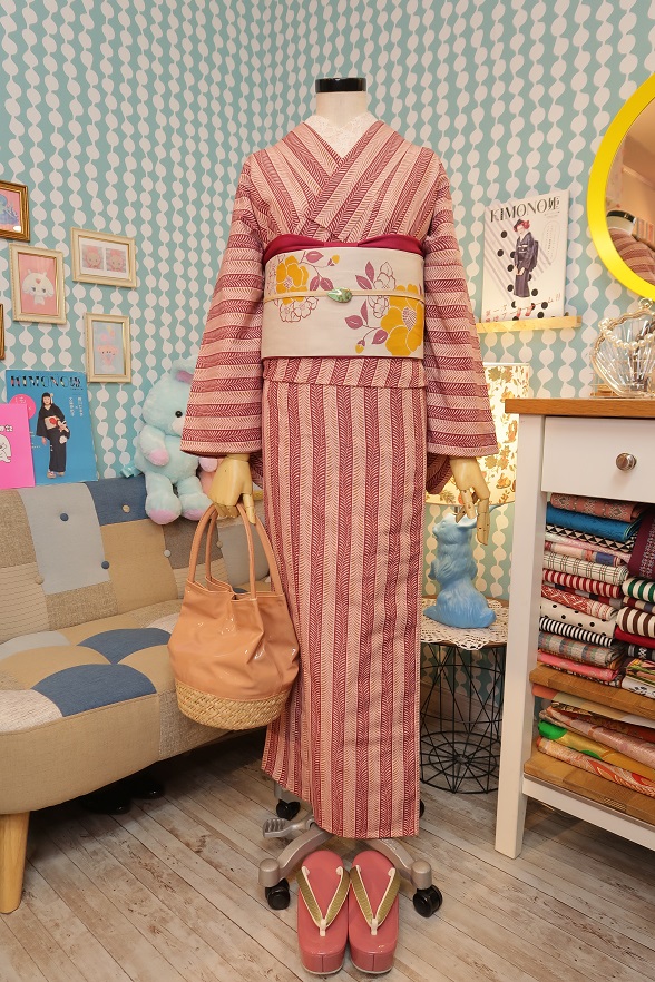 ストライプの藤ライン柄ポリ単衣きもの【身丈156cm】