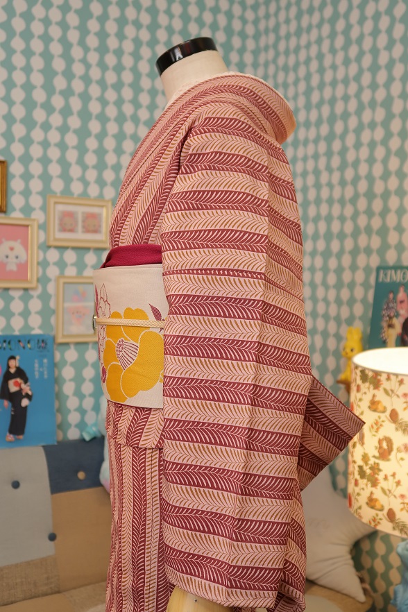 ストライプの藤ライン柄ポリ単衣きもの【身丈156cm】