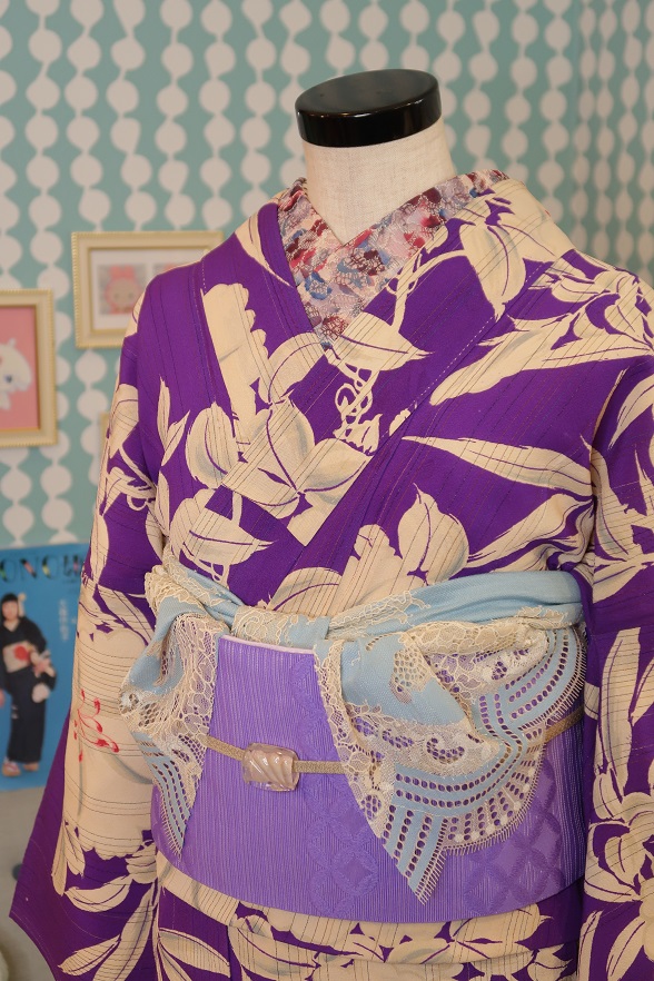 淑やかな花柄アンティーク単衣きもの【身丈149.5×裄丈65】