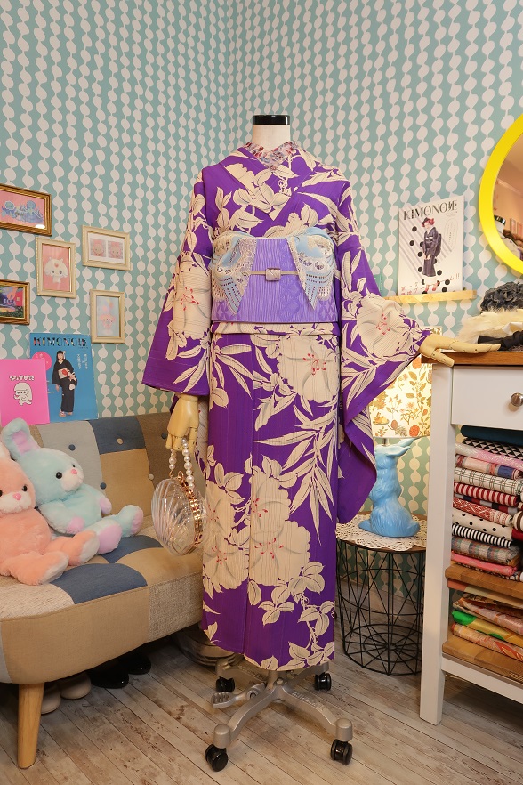 淑やかな花柄アンティーク単衣きもの【身丈149.5×裄丈65】