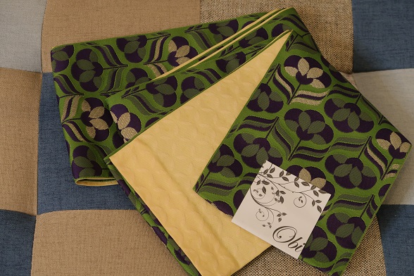 新品★グリーンにレトロ模様のリバーシブル半幅帯【全長約400cm】